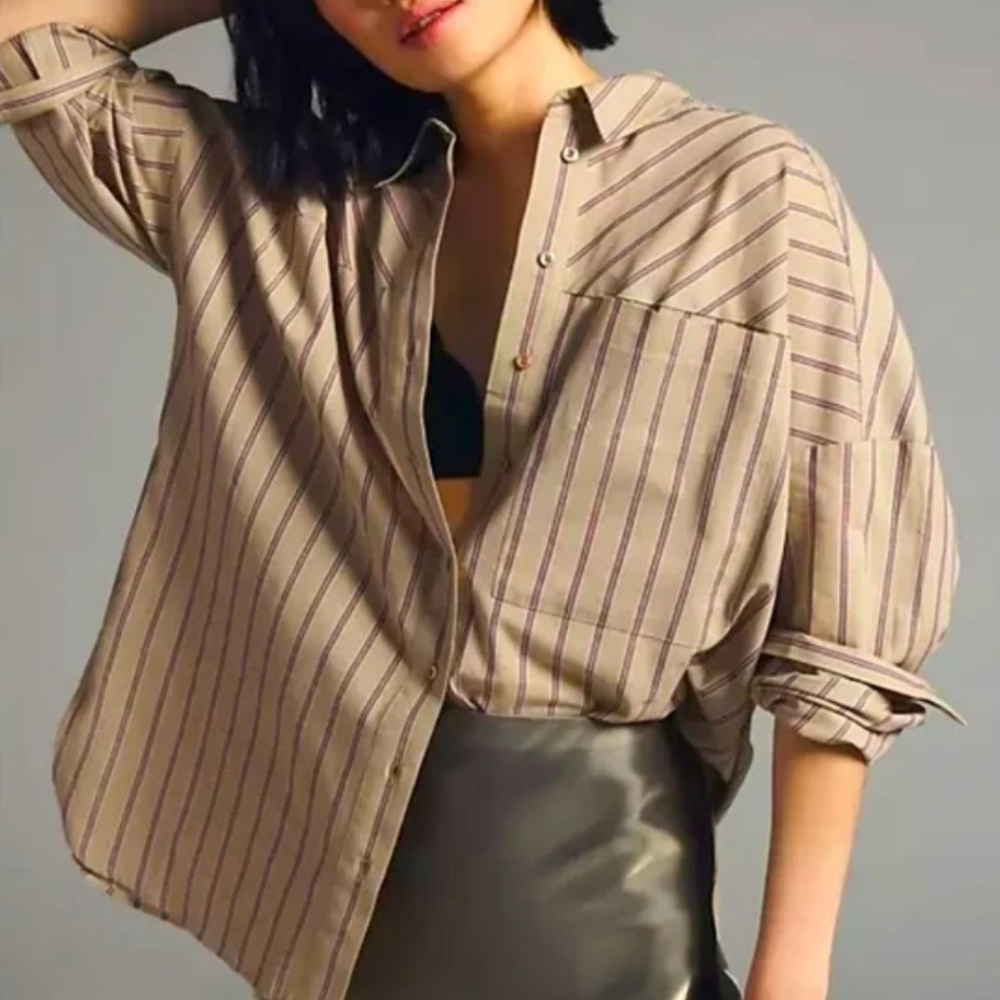 NWOT Anthropologie Pilcro Boyfriend Shirt, Button Down, Khaki w/ Stripe, Size S